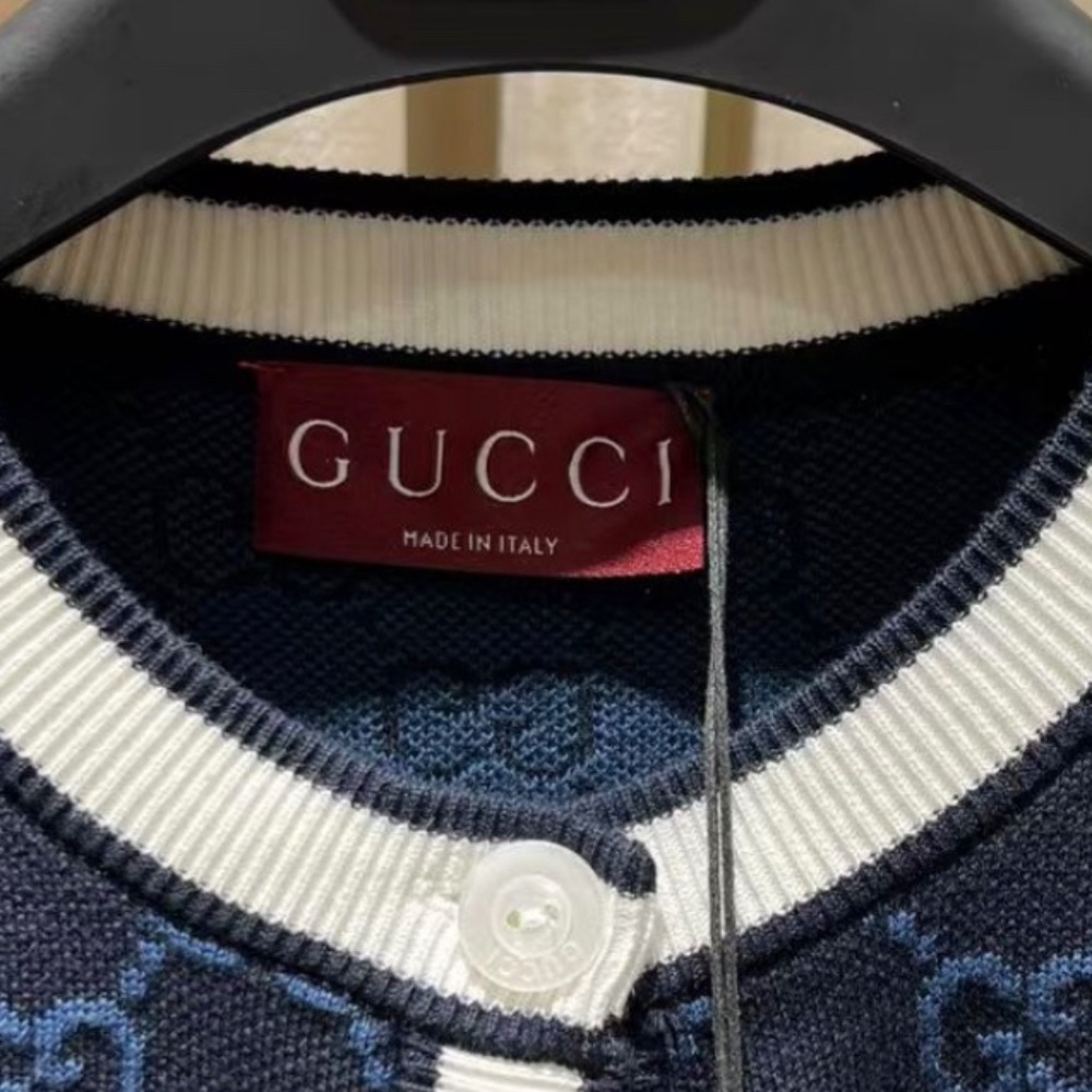 Gucci GG Logo Monogram Striped Jacquard Knit Cotton Cardigan in Navy size Small - Picture 3 of 8